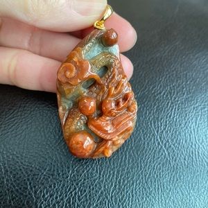 14K Solid Real Gold 3D Carvin Carved Dragon Red Jade Pendant Men Power Strength